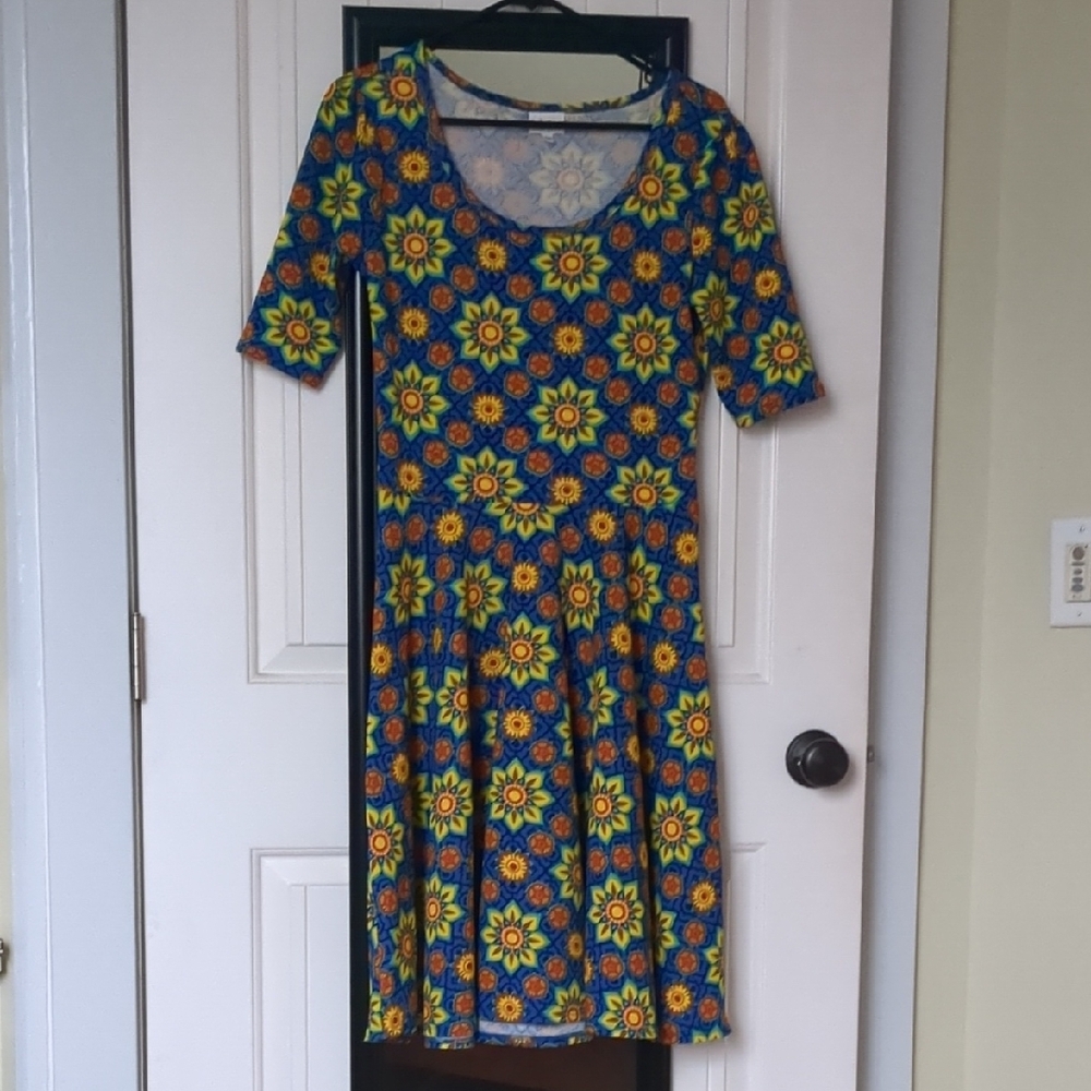 LuLaRoe Nicole Blue + Flowers Pleated Midi Dress